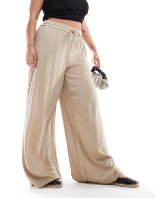 Vila Curve Vila Curve weighted plisse satin feel wide leg trousers in beige-Neutral