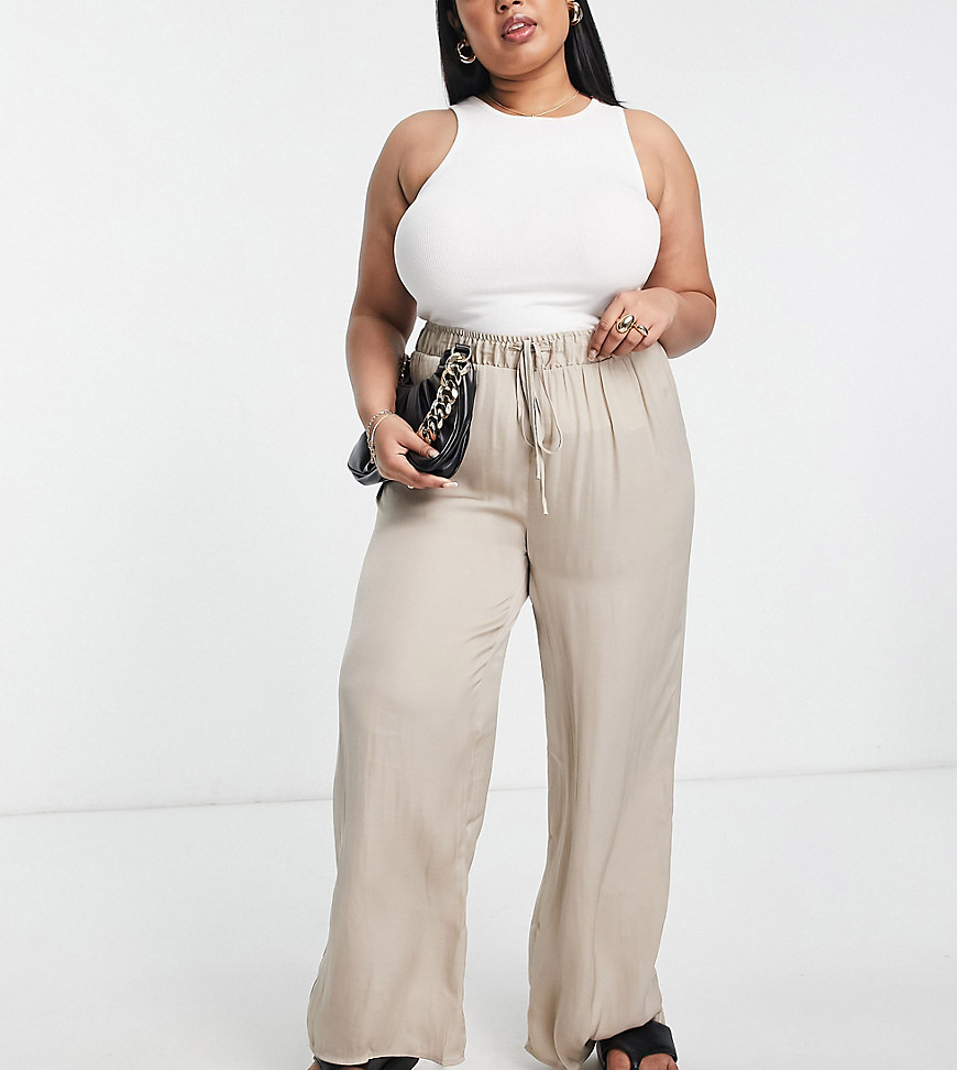 Vila Curve wide leg silky pants in taupe-Neutral