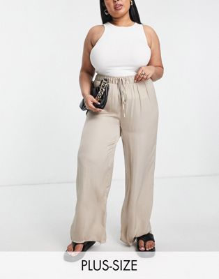 Vila Curve wide leg silky trousers in taupe