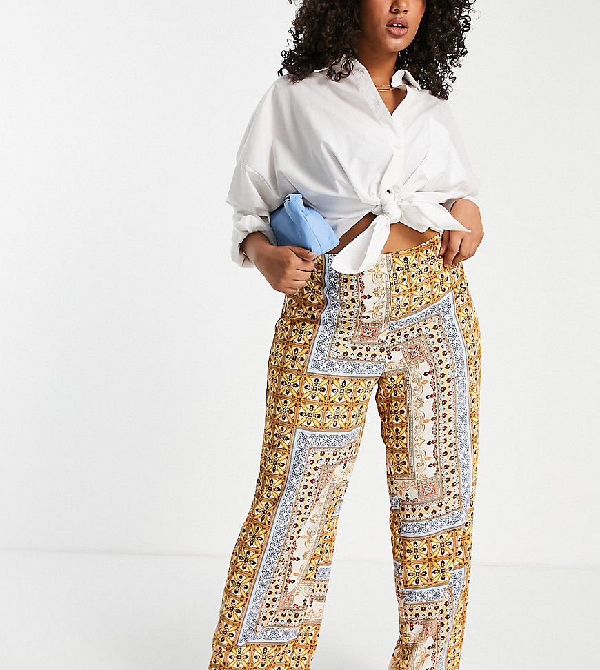 Plus-size trousers by Vila Next stop: checkout Tile print High rise Stretch waistband Wide leg