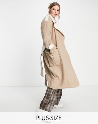 Vila Curve wool mac with tie belt in neutral contrast - ASOS Price Checker