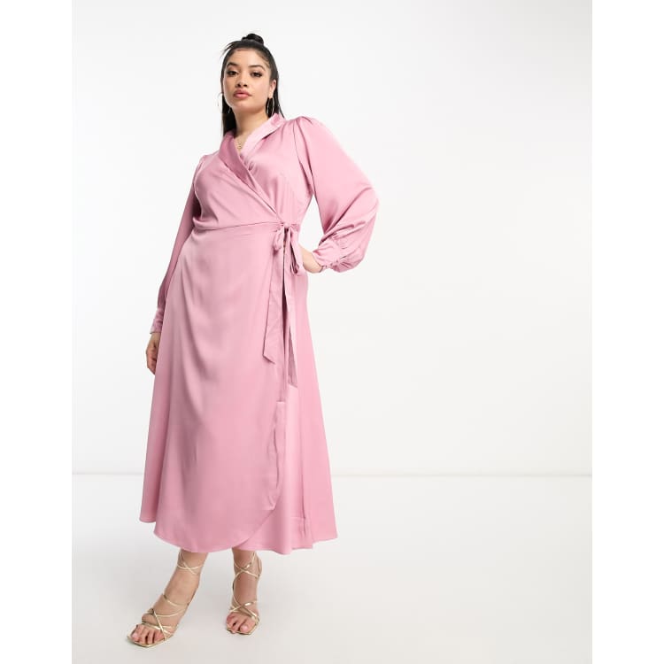 Silk Pink Satin Wrap Dress Dusty Rose Silk Wrap Midi Dress: Long Sleeve  Ruffle Bottom Gown
