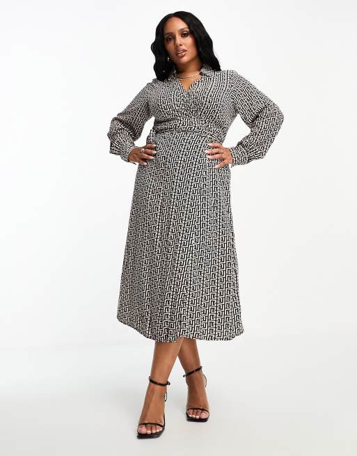 Vila Curve wrap midi dress in mono geo print