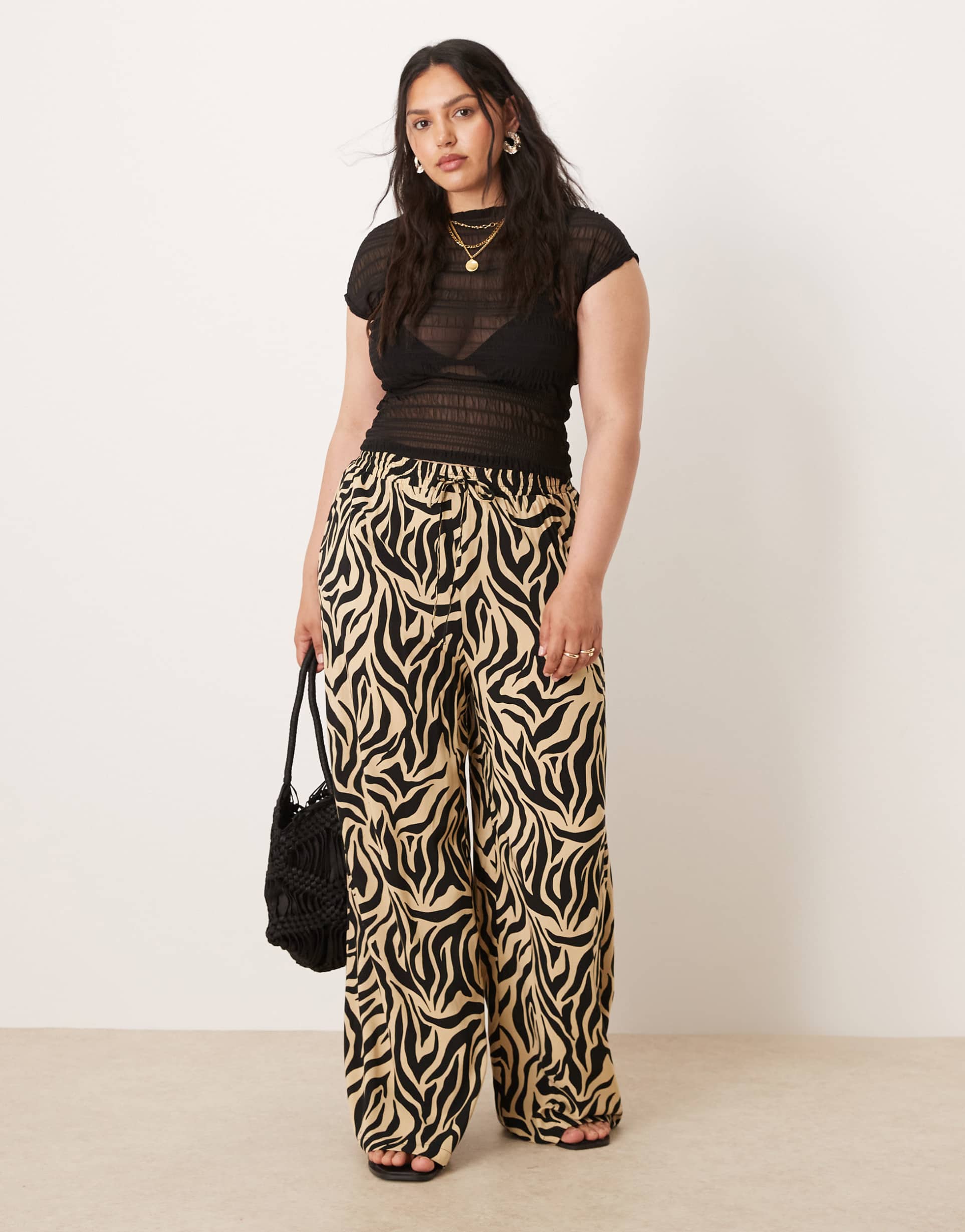 vila curve zebra print wide leg pants in off-white