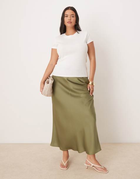 Vila Curve satin maxi skirt in oil green