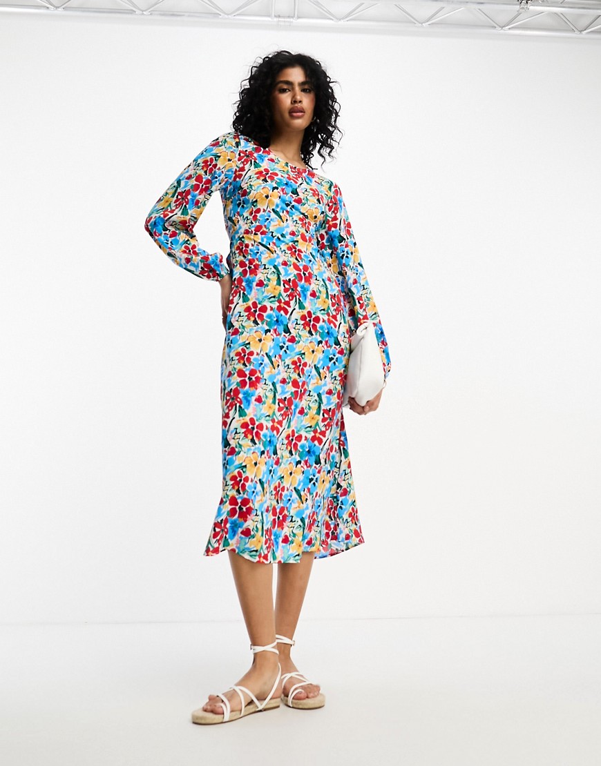 Vila cut out back midi dress with split front in floral print-White