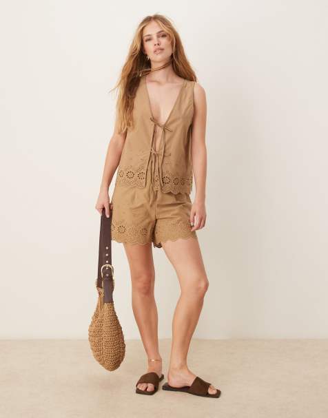 Vila cutwork embroidered poplin shorts in tobacco - part of a set - view 1
