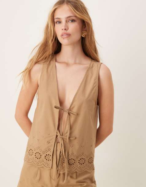 Vila cutwork embroidered poplin tie front vest co-ord in tobacco - view 1