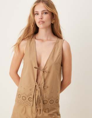 cutwork embroidered poplin tie front vest in tobacco - part of a set-White