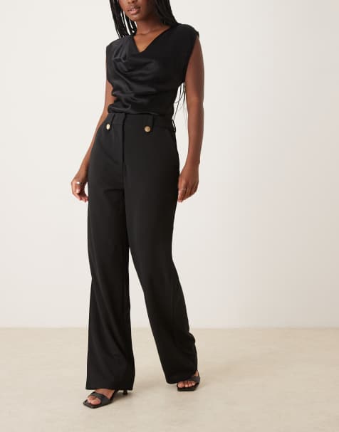 Vila high waisted button detail trousers in black