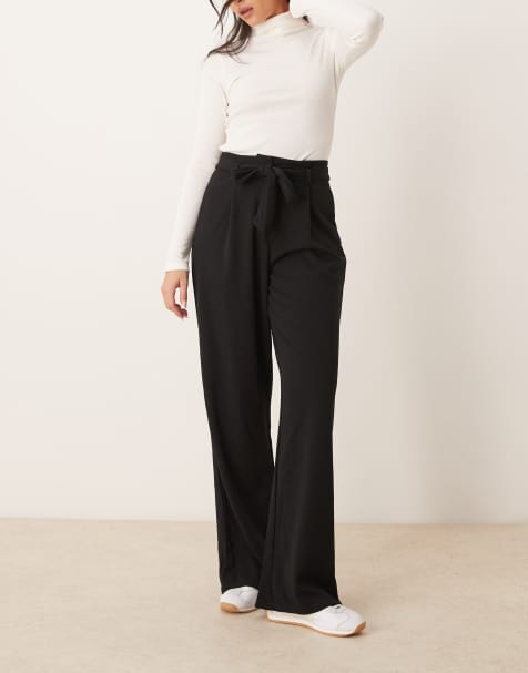 Vila tie waist wide leg trouser in black