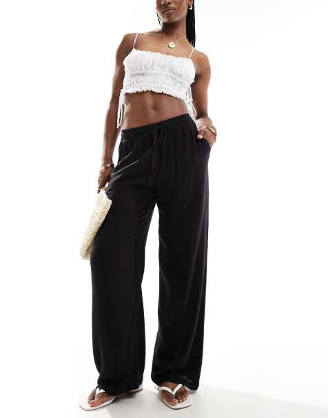 Vila linen touch tie waist wide leg trousers in black
