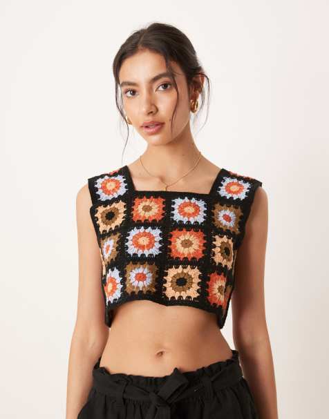 Vila patchwork crochet crop top in black