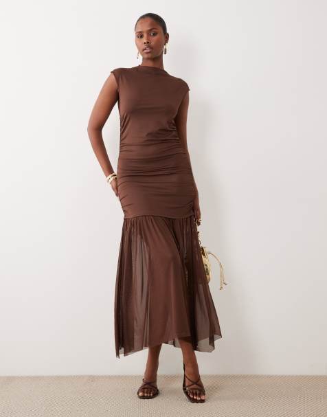 Vila high neck slinky maxi dress in chocolate brown