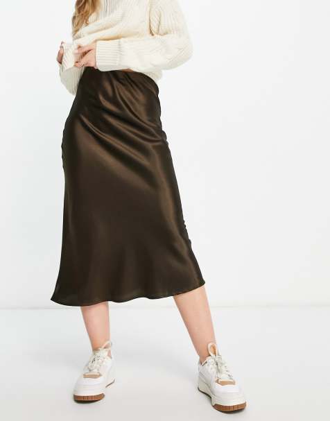 Vila satin bias cut midi skirt in chocolate brown