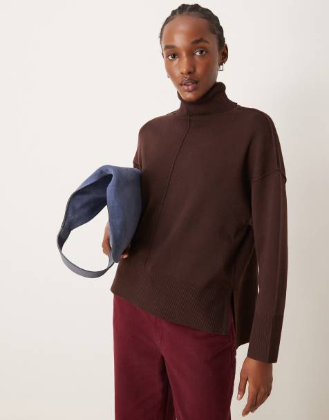 Vila high neck oversized jumper with seam detail in chocolate brown