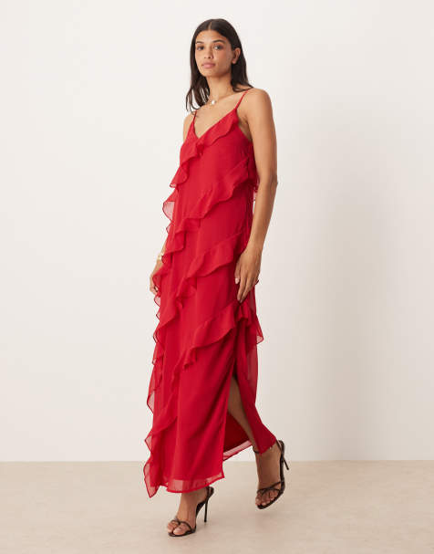 Vila cami frill maxi dress in red