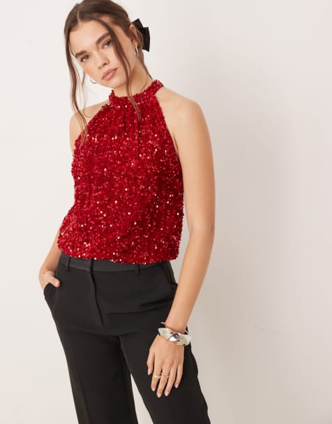 VILA – Czerwony welurowy top z dekoltem halter z cekinami - view 1