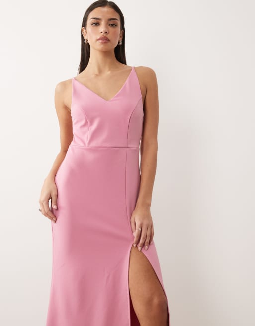 VILA deep v neck maxi dress with leg split in pink, 2 of 4