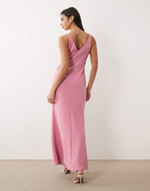 VILA deep v neck maxi dress with leg split in pink, 3 of 4