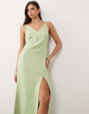 Vila Deep V Neck Maxi Dress With Leg Split In Green