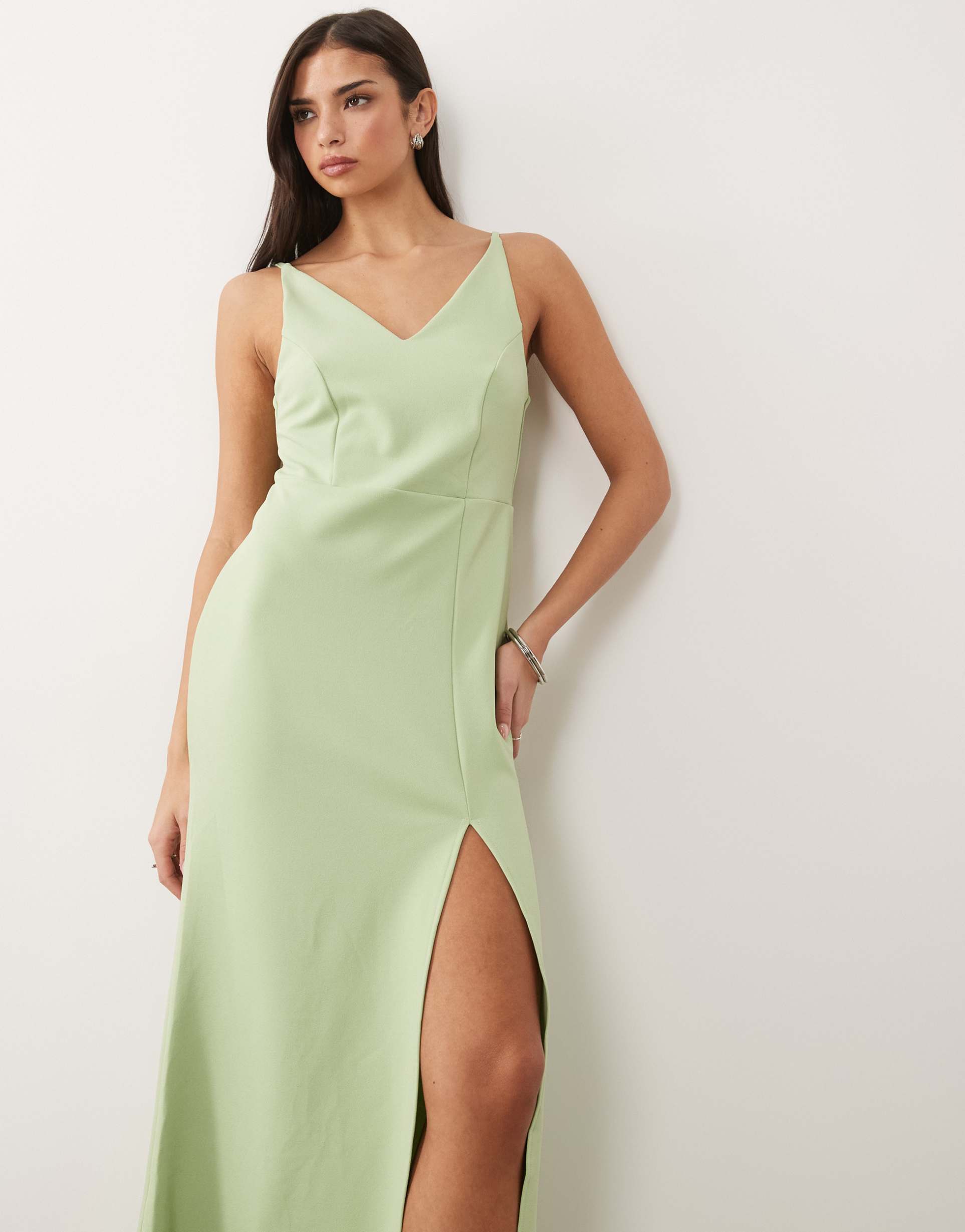 vila deep v neck maxi dress with leg split in sage green