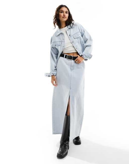 Vila denim maxi skirt with front split in light wash blue (part of a set) 