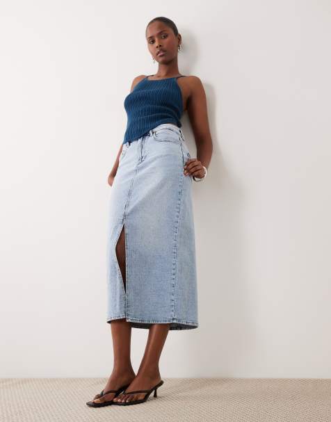 Vila - Denim midi rok met hoge taille en split aan de voorkant in lichtblauw - view 1