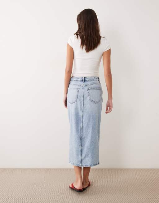 Vila - Denim midi rok met hoge taille en split aan de voorkant in lichtblauw, 2 van 4