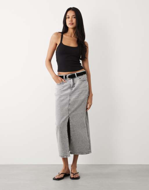 VILA - Denim midi rok met hoge taille en split aan de voorkant in lichtgrijs, 2 van 5