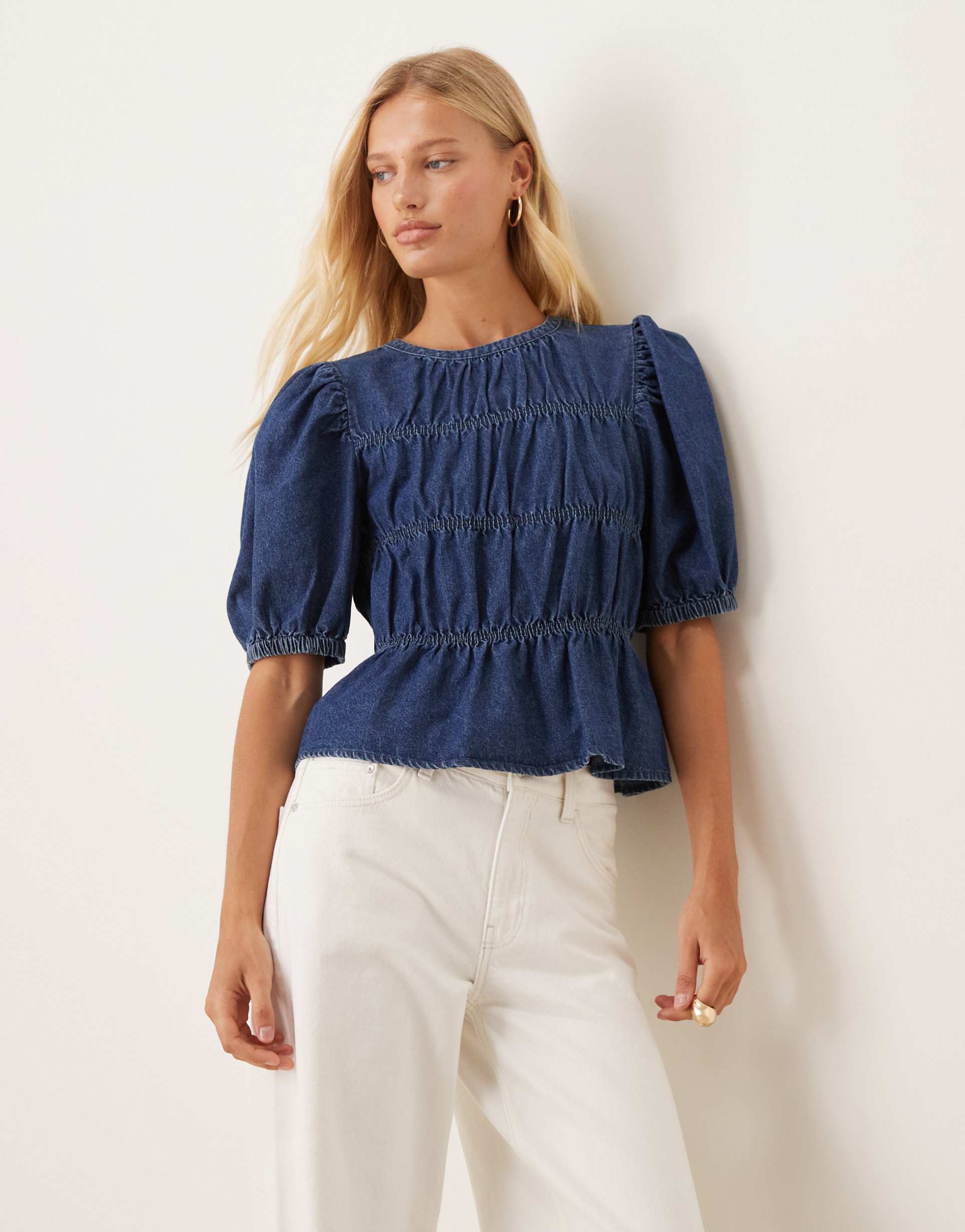 vila denim smock top in dark denim blue