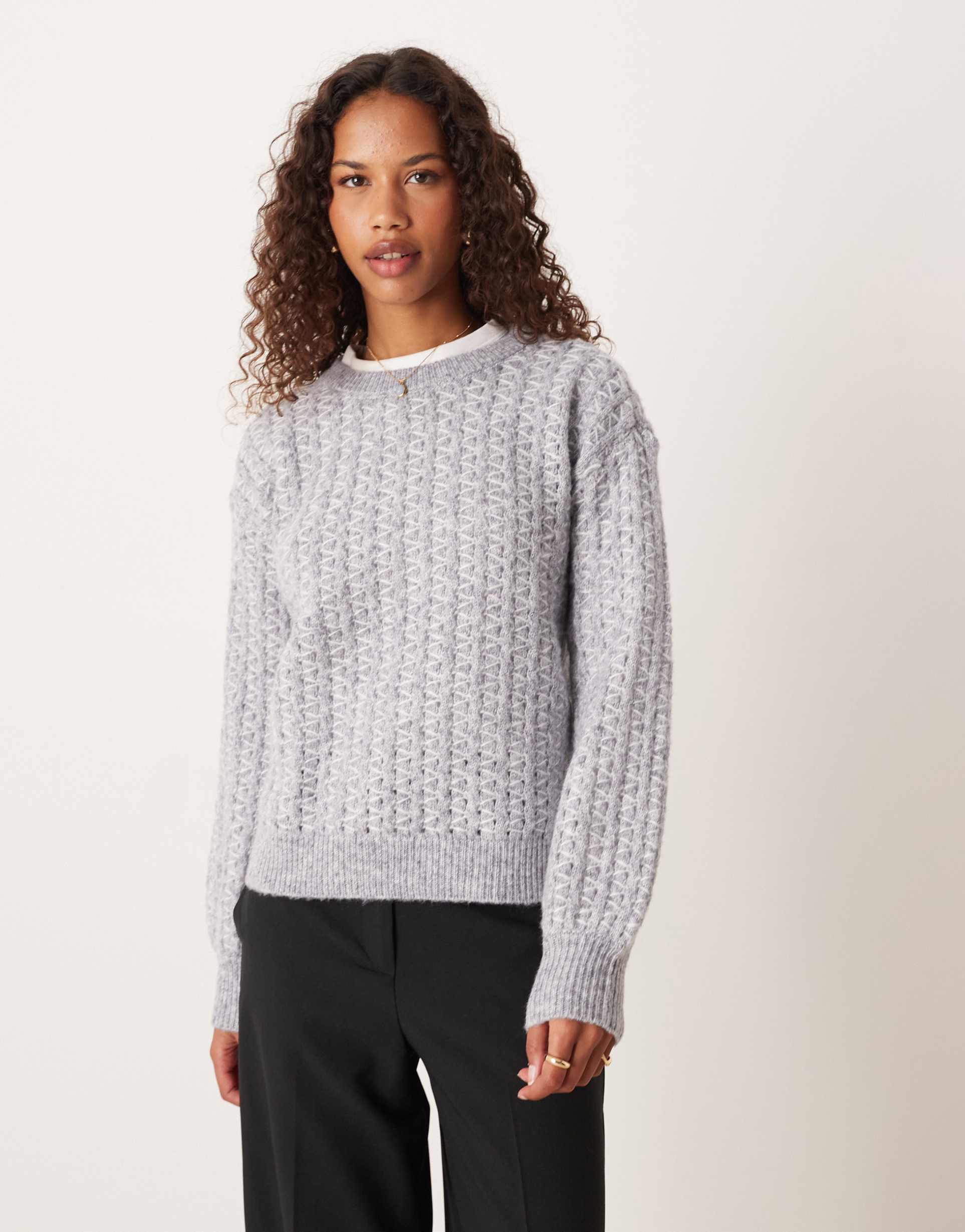 vila diagonal stitch knit sweater in medium heather gray