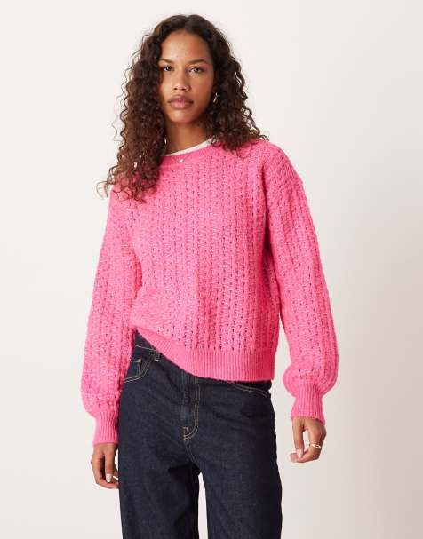 VILA diagonal stitch knitted jumper in bright pink - view 1