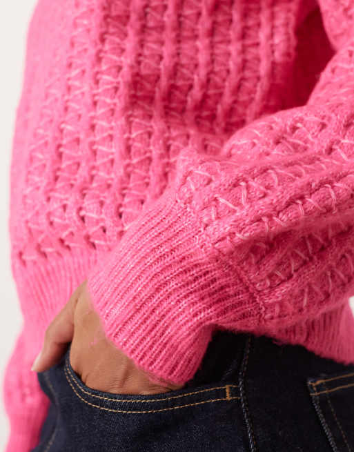 VILA diagonal stitch knitted jumper in bright pink, 4 of 4