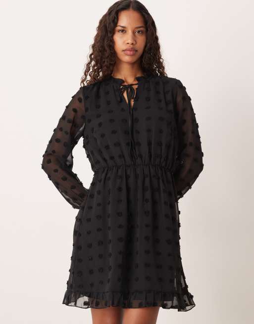 Vila dobby mesh long sleeve mini dress in black, 2 of 4