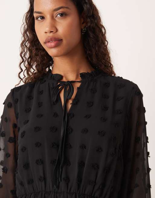 Vila dobby mesh long sleeve mini dress in black, 3 of 4
