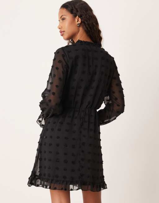 Vila dobby mesh long sleeve mini dress in black, 4 of 4