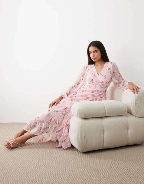 Vila dobby wrap maxi dress with frill detail in cherry blossom floral print - view 1
