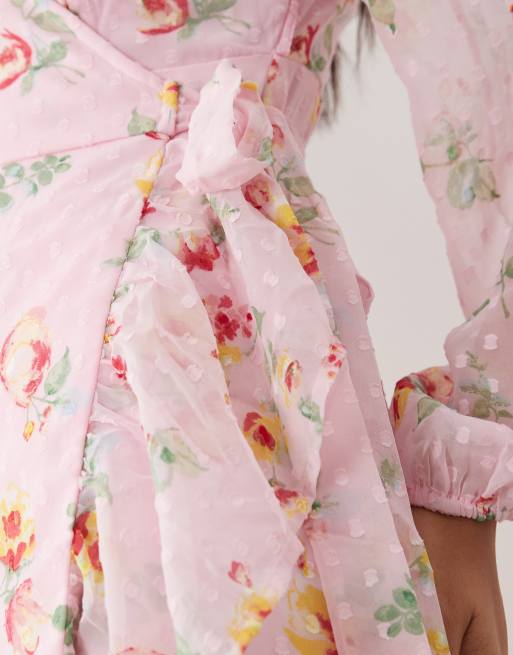 Vila dobby wrap maxi dress with frill detail in cherry blossom floral print, 3 of 4