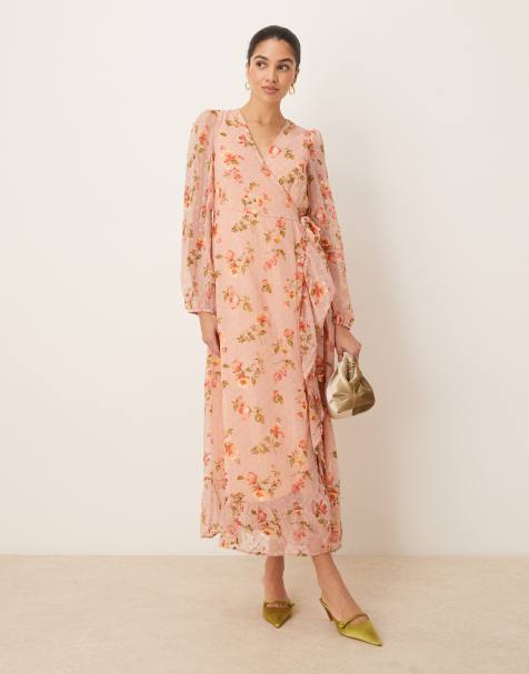 VILA dobby wrap maxi dress with frill detail in rose floral print - view 1