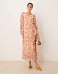 [Vila] VILA dobby wrap maxi dress with frill detail in rose floral print-Pink 36 Misty rose aop