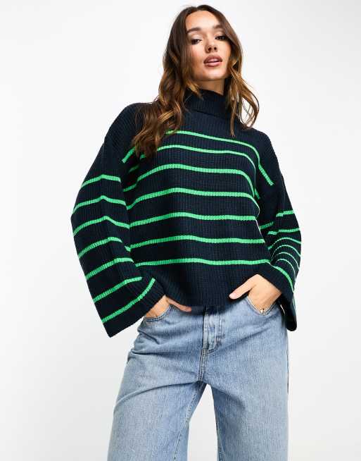 Vila - Dolcevita blu navy e verde a righe con spacchi laterali