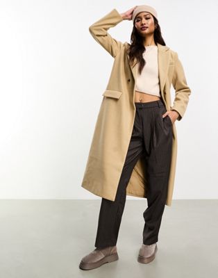 Vila Double Breasted Formal Maxi Coat In Sand-neutral