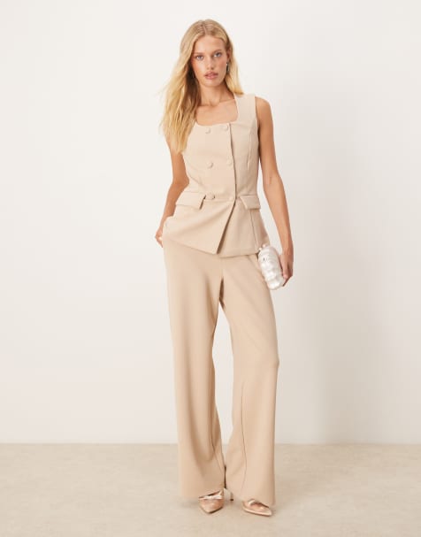 VILA double breasted square neck vest and high waist tailored pants set in stone - view 1