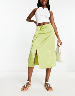 Vila drape front satin midi skirt in green