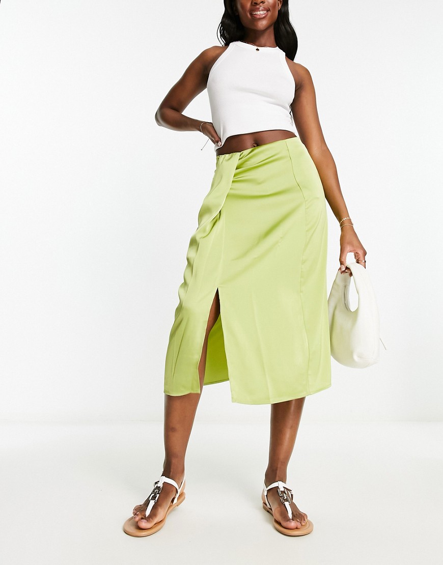 Vila drape front satin midi skirt in green