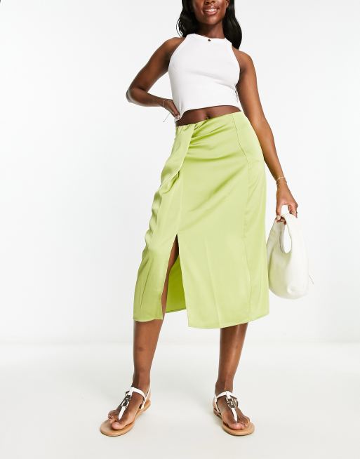 Vila drape front satin midi skirt in green | ASOS