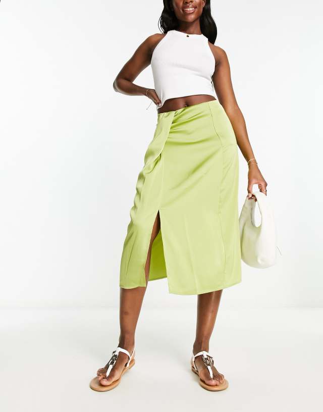 Vila - drape front satin midi skirt in green