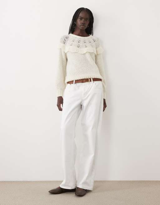 Vila drop shoulder frill trim soft knitted jumper in cream, 2 of 4