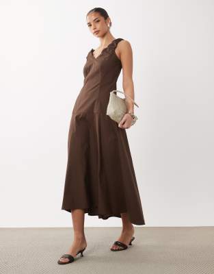 Vila Drop Waist Cotton Maxi Dress With Ruched Straps In Brown